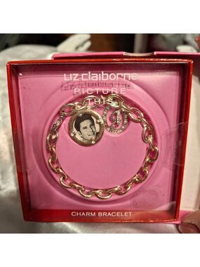 Liz Claiborne Silver "J" Charm With Picture Frame Charm Bracelet New In Box